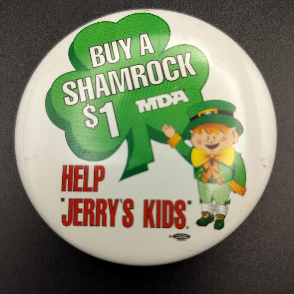MDA Jerry's Kids Shamrock Pinback Button Leprechaun Charity Fundraiser